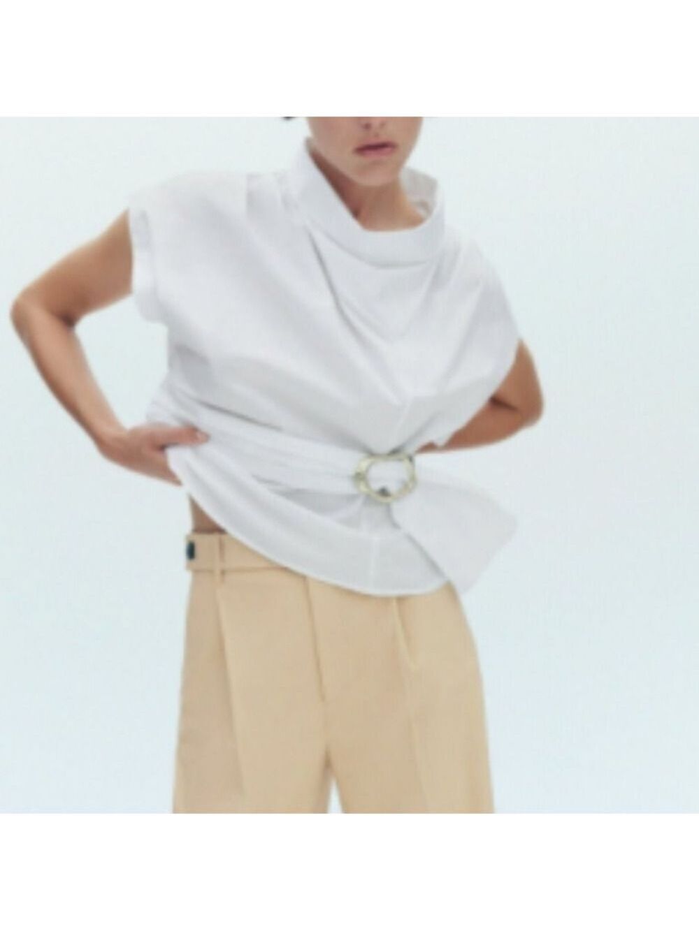 NWT Zara White Sleeveless Poplin Top with Gold Buckle Detail, Size S